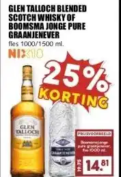 MCD Supermarkt GLEN TALLOCH BLENDED SCOTCH WHISKY OF BOOMSMA JONGE PURE GRAANJENEVER aanbieding