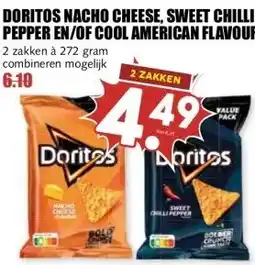 MCD Supermarkt DORITOS NACHO CHEESE, SWEET CHILLI PEPPER EN/OF COOL AMERICAN FLAVOUR aanbieding