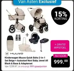 Van Asten BabySuperstore Kinderwagen Muuvo Quick Boho 2-in-1 Set Beige + Autostoel Novi Baby Jewel All Black & Base & Adapterset aanbieding