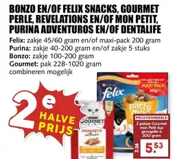De Boerenschuur Bonzo en/of Felix Snacks, Gourmet Perle, Revelations en/of Mon Petit, Purina Adventuros en/of Dentalife aanbieding