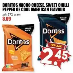 MCD Supermarkt DORITOS NACHO CHEESE, SWEET CHILLI PEPPER OF COOL AMERICAN FLAVOUR aanbieding