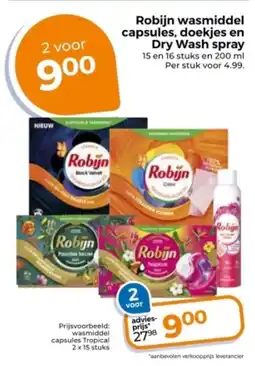 Trekpleister Robijn wasmiddel capsules, doekjes en Dry Wash spray aanbieding