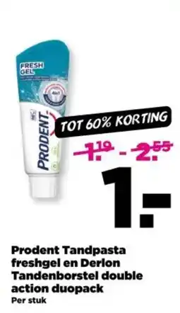PLUS Prodent Tandpasta freshgel en Derlon Tandenborstel double action duopack aanbieding