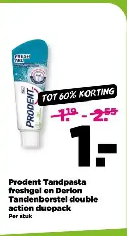 PLUS Prodent Tandpasta freshgel en Derlon Tandenborstel double action duopack aanbieding