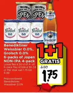 Vomar Voordeelmarkt Benediktiner Weissbier 0.0%, Grolsch 0.0% 6-packs of Jopen NON-IPA 4-pack aanbieding