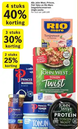 Albert Heijn Alle John West, Princes, Fish Tales en Rio Mare (vegan)visconserven single-packs aanbieding