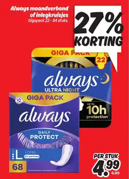 Dekamarkt Always maandverband of inlegkruisjes aanbieding