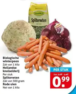 Hoogvliet Biologische winterpeen, Hollandse knolselderij, Spliterwten, Rode uien aanbieding