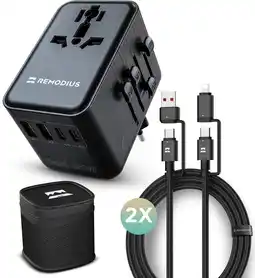 ANWB Remodius Wereldstekker + 2× Universele Oplaadkabel Zwart aanbieding