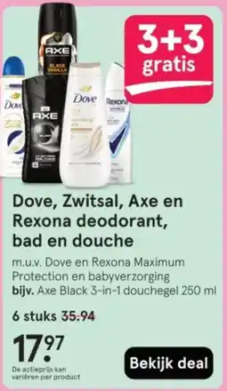 Etos Dove, Zwitsal, Axe en Rexona deodorant, bad en douche aanbieding