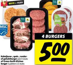 Nettorama Kabeljauw, spek, runder of gehaktburger of Green Earth Kitchen burger aanbieding