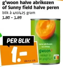 Poiesz G'woon halve abrikozen of Sunny field halve peren aanbieding