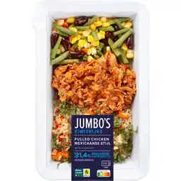 Jumbo Jumbo's Pulled Chicken Mexicaanse Stijl met Zilvervliesrijst Proteïnerijk 475 g aanbieding
