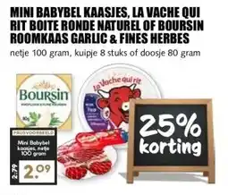 MCD Supermarkt MINI BABYBEL KAASJES, LA VACHE QUI RIT BOITE RONDE NATUREL OF BOURSIN ROOMKAAS GARLIC & FINES HERBES aanbieding
