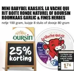 MCD Supermarkt MINI BABYBEL KAASJES, LA VACHE QUI RIT BOITE RONDE NATUREL OF BOURSIN ROOMKAAS GARLIC & FINES HERBES aanbieding