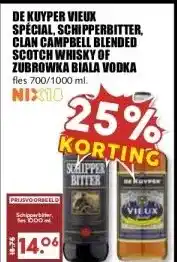 MCD Supermarkt DE KUYPER VIEUX SPECIAL, SCHIPPERBITTER, CLAN CAMPBELL BLENDED SCOTCH WHISKY OF ZUBROWKA BIALA VODKA aanbieding