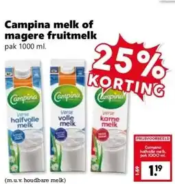 CoopCompact Campina melk of magere fruitmelk aanbieding