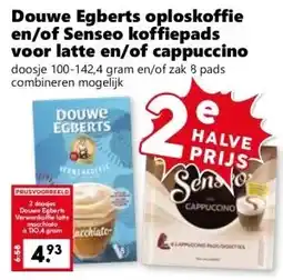 Coop Douwe Egberts oploskoffie en/of Senseo koffiepads voor latte en/of cappuccino aanbieding