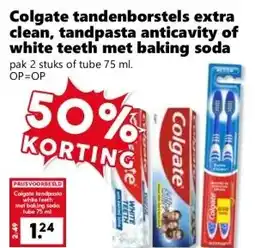 Coop Colgate tandenborstels extra clean, tandpasta anticavity of white teeth met baking soda aanbieding