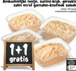 Boon`s Markt Ambachtelijke tonijn, surimi-krab, gerookte zalm en/of garnalen-knoflook salade aanbieding