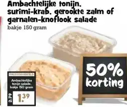Boon`s Markt Ambachtelijke tonijn. surimi-krab, gerookte zalm of garnalen-knoflook salade aanbieding