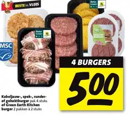 Nettorama Kabeljauw-, spek-, runder- of gehaktburger of Green Earth Kitchen burger aanbieding