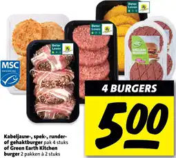 Boni Kabeljauw, spek, runder of gehaktburger of Green Earth Kitchen burger aanbieding
