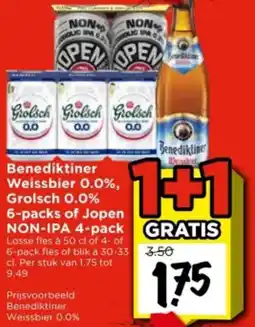 Vomar Voordeelmarkt Benediktiner Weissbier 0.0%, Grolsch 0.0% 6-packs of Jopen NON-IPA 4-pack aanbieding