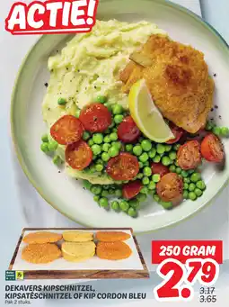 Dekamarkt Dekavers kipschnitzel, kipsatéschnitzel of kip cordon bleu aanbieding