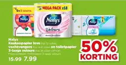 PLUS Nalys Keukenpapier love , vochtvangers en toiletpapier 3-laags velours aanbieding