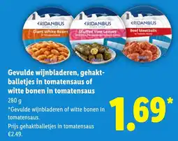 Lidl Gevulde wijnbladeren, gehakt balletjes in tomatensaus of witte bonen in tomatensaus aanbieding