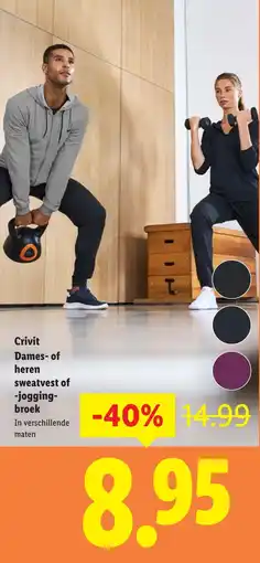 Lidl Crivit Dames of heren sweatvest of jogging- broek aanbieding