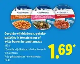 Lidl Gevulde wijnbladeren, gehakt- balletjes in tomatensaus of witte bonen in tomatensaus aanbieding