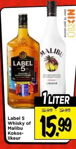 Vomar Voordeelmarkt Label 5 Whisky of Malibu Kokos- likeur aanbieding