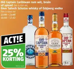 Poiesz Old Captain Caribbean rum wit, bruin of spiced, Glen Talloch Schotse whisky of Esbjaerg vodka aanbieding