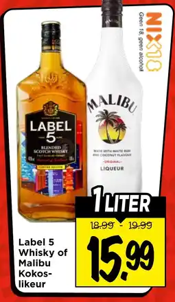 Vomar Voordeelmarkt Label 5 Whisky of Malibu Kokos- likeur aanbieding
