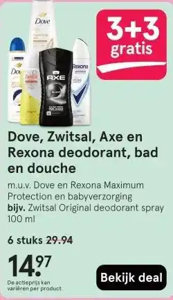Etos Dove, Zwitsal, Axe en Rexona deodorant, bad en douche aanbieding