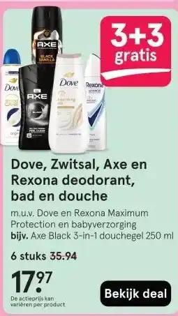 Etos Dove, Zwitsal, Axe en Rexona deodorant, bad en douche aanbieding