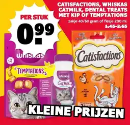 MCD Supermarkt CATISFACTIONS, WHISKAS CATMILK, DENTAL TREATS MET KIP OF TEMPTATIONS aanbieding