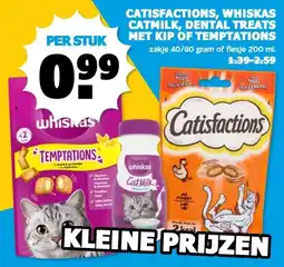 Boon`s Markt CATISFACTIONS, WHISKAS CATMILK, DENTAL TREATS MET KIP OF TEMPTATIONS aanbieding