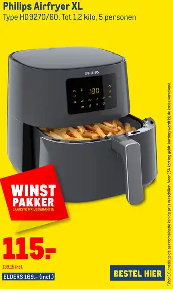 Makro Philips Airfryer XL Type HD9270/60. Tot 1,2 kilo, 5 personen aanbieding