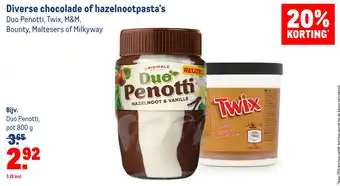 Makro Diverse chocolade of hazelnootpasta's Duo Penotti, Twix, M&M, Bounty, Maltesers of Milkyway aanbieding