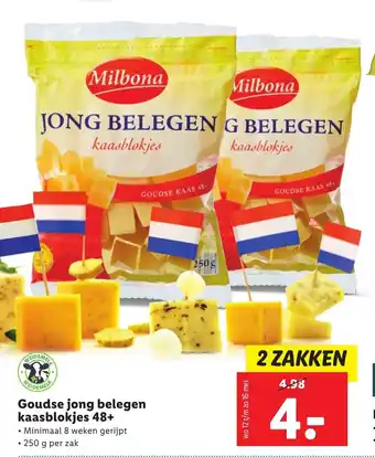 Lidl Milbona Goudse jong belegen kaasblokjes 48+ 2*250g aanbieding