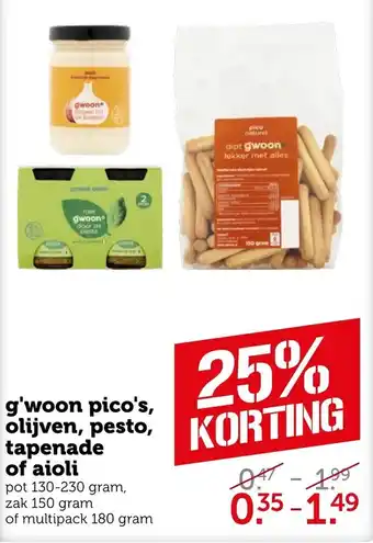 Coop G'woon pico's, olijven, pesto, tapenade of aioli 150g aanbieding