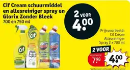 Kruidvat Cif Cream schuurmiddel en allesreiniger spray en Glorix Zonder Bleek aanbieding