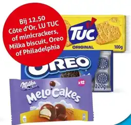 Hoogvliet Côte d'Or, LU TUC of minicrackers, Milka biscuit, Oreo of Philadelphia aanbieding