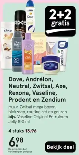 Etos Dove, Andrélon, Neutral, Zwitsal, Axe, Rexona, Vaseline, Prodent en Zendium aanbieding