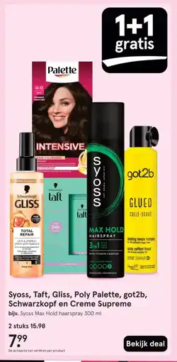 Etos Syoss, Taft, Gliss, Poly Palette, got2b, Schwarzkopf en Creme Supreme aanbieding