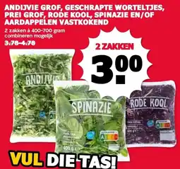 MCD Supermarkt ANDIJVIE GROF, GESCHRAPTE WORTELTJES, PREI GROF, RODE KOOL, SPINAZIE EN/OF AARDAPPELEN VASTKOKEND aanbieding
