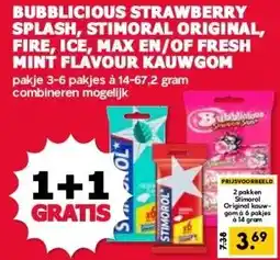 MCD Supermarkt BUBBLICIOUS STRAWBERRY SPLASH, STIMORAL ORIGINAL, FIRE, ICE, MAX EN/OF FRESH MINT FLAVOUR KAUWGOM aanbieding